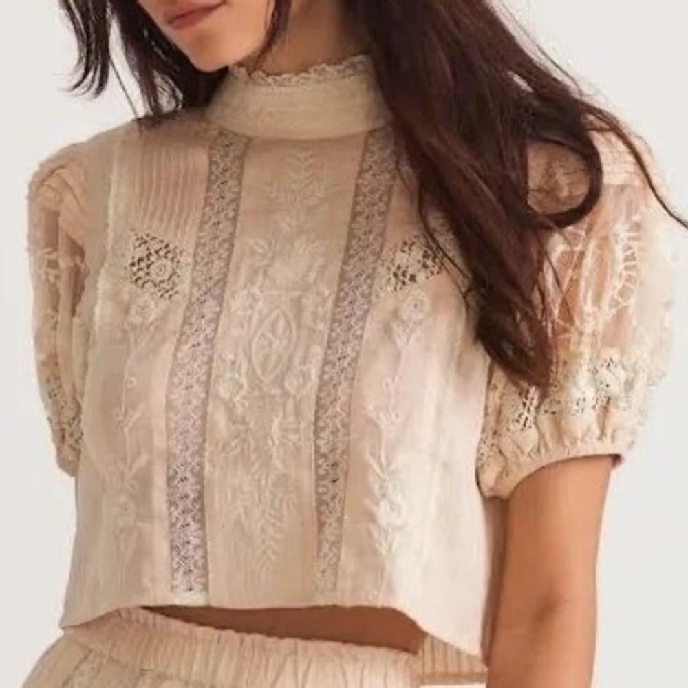 LoveShackFancy Beige Embroidered Crop Top
